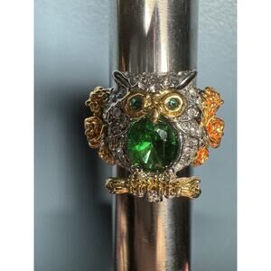 Chunky Owl Ring Size 8.5 Green Stone & Rhinestones Sparkly Two‎ Tone Metal
